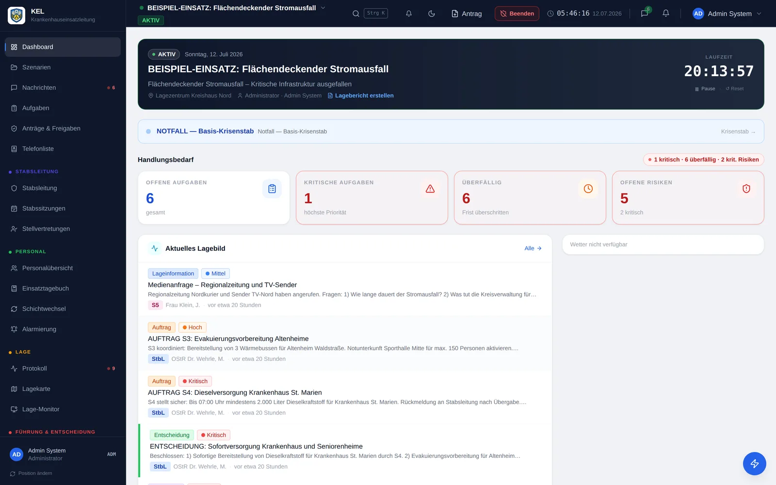 Live-Dashboard des Krisenstabs mit Lagebild, Handlungsbedarf und Aufgaben